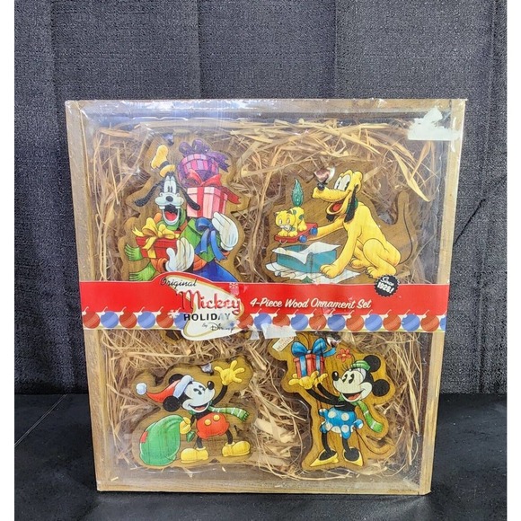 Original Disney MICKEY MOUSE WOOD Christmas Ornament Set - 4Piece NIB Vintage - Picture 1 of 8